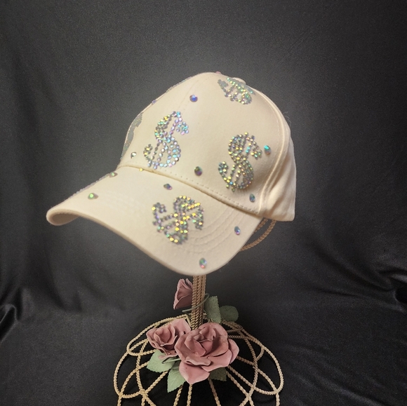 Aroura Borealis Rhinestone Dollar Sign Beige Baseball Cap - Picture 14 of 14